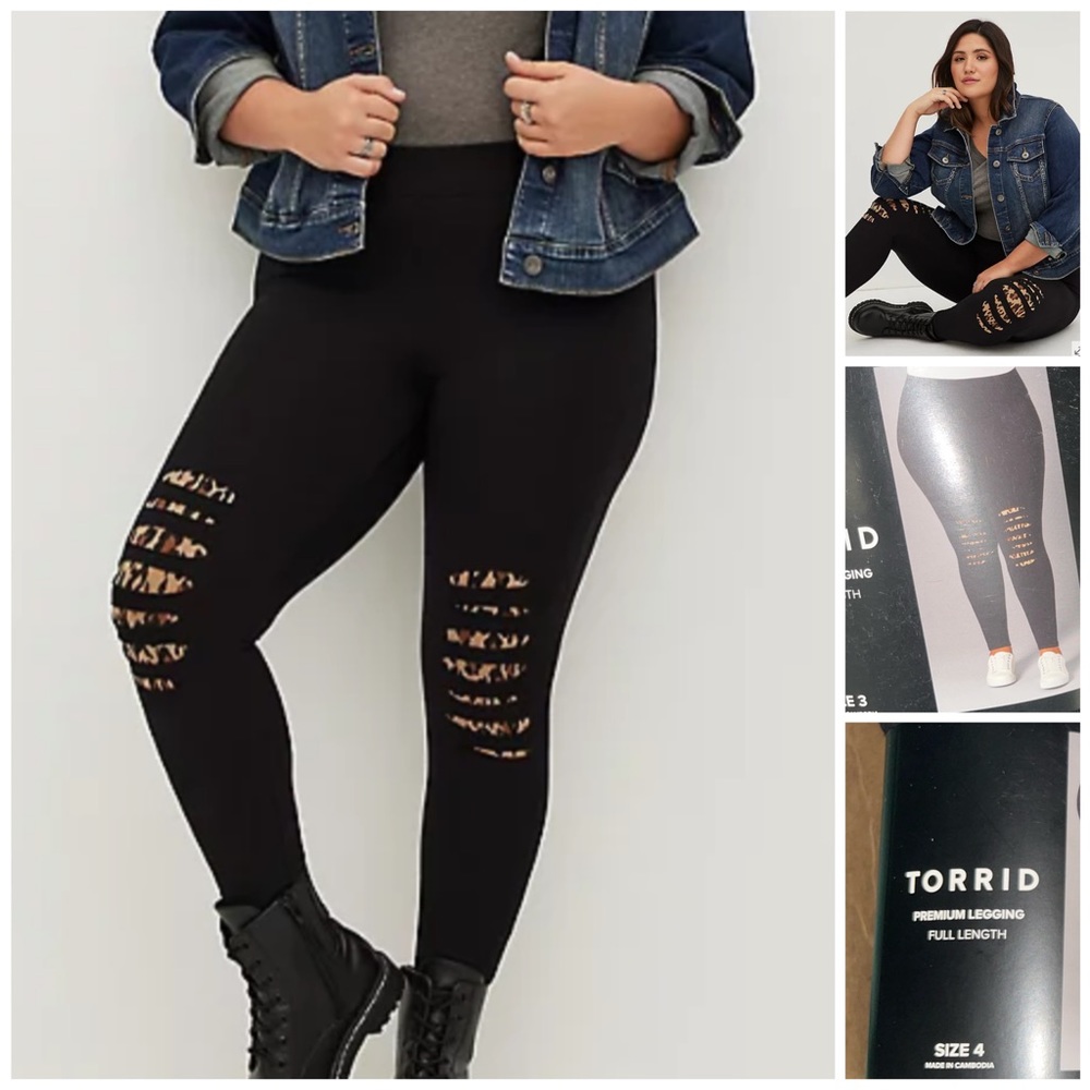 Torrid Slashed Knee Leopard Black Leggings